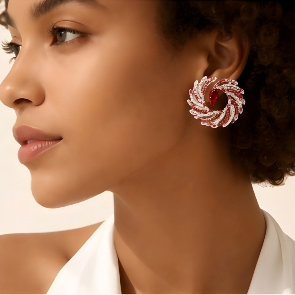 Rhinestone Dangle Drop Hoop Earrings  Red & Silver